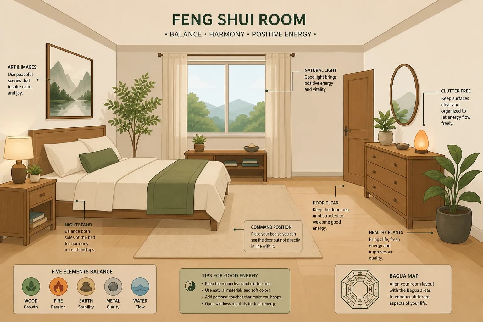 Illustration of a harmonious living space representing feng shui